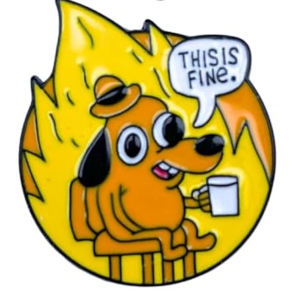 NEW “This Is Fine” Enamel Pin Fire Dog Meme Design Funny Cute